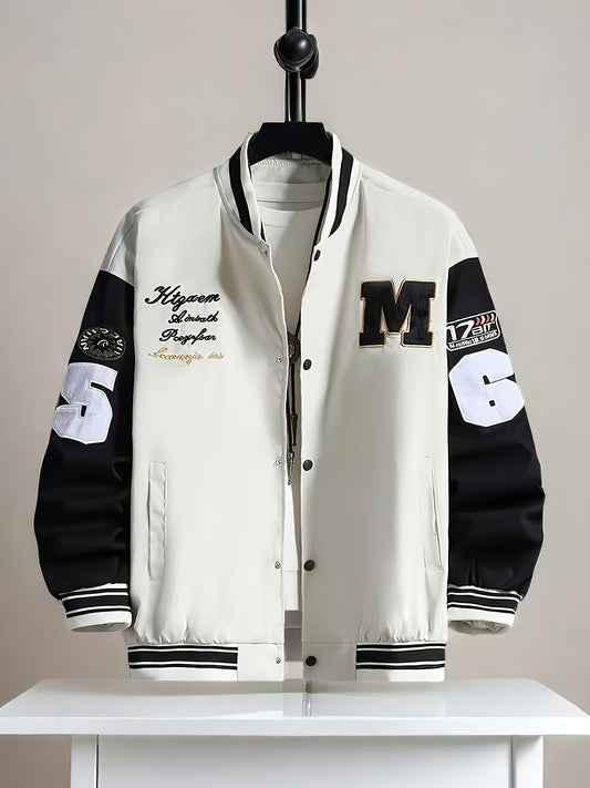 Plus Size Men'S Baseball Jacket, Casual Polyester Stand Collar with Snap Closure, Non-Stretch Woven Fabric, Loose Fit, with Monogram Patches, for Spring/Fall - Men'S Sports & Active