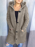 Solid Button Front Hooded Cardigan, Casual Long Sleeve Sweater For Fall & Winter, Women's Clothing
