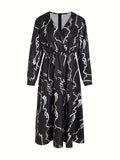Abstract Print Surplice Neck Dress, Casual Long Sleeve Midi Dress, Women's Clothing