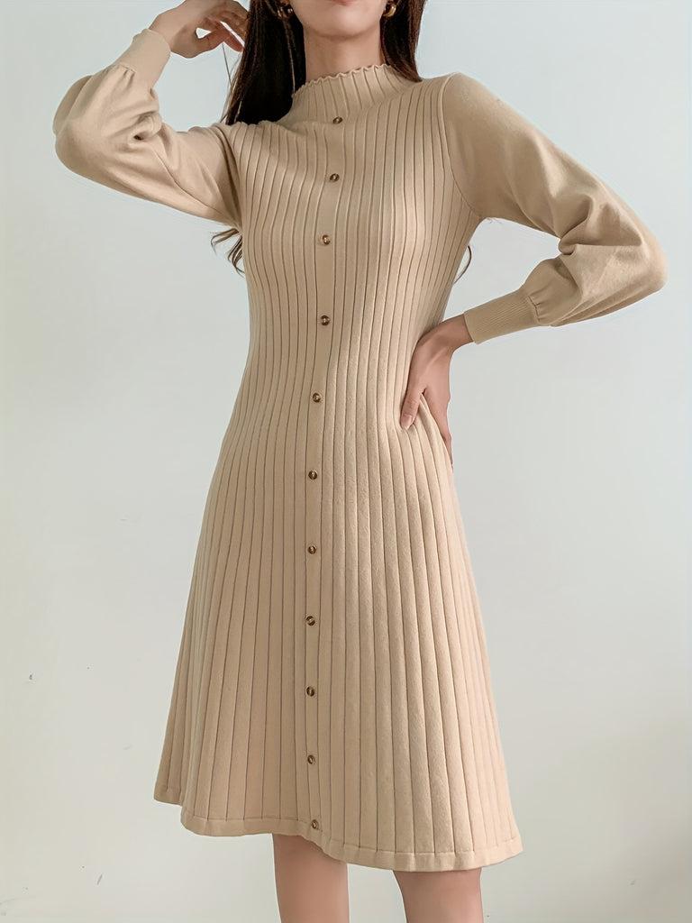 elveswallet  Solid Ribbed Dress, Elegant Button Front Long Sleeve Dress, Women's Clothing