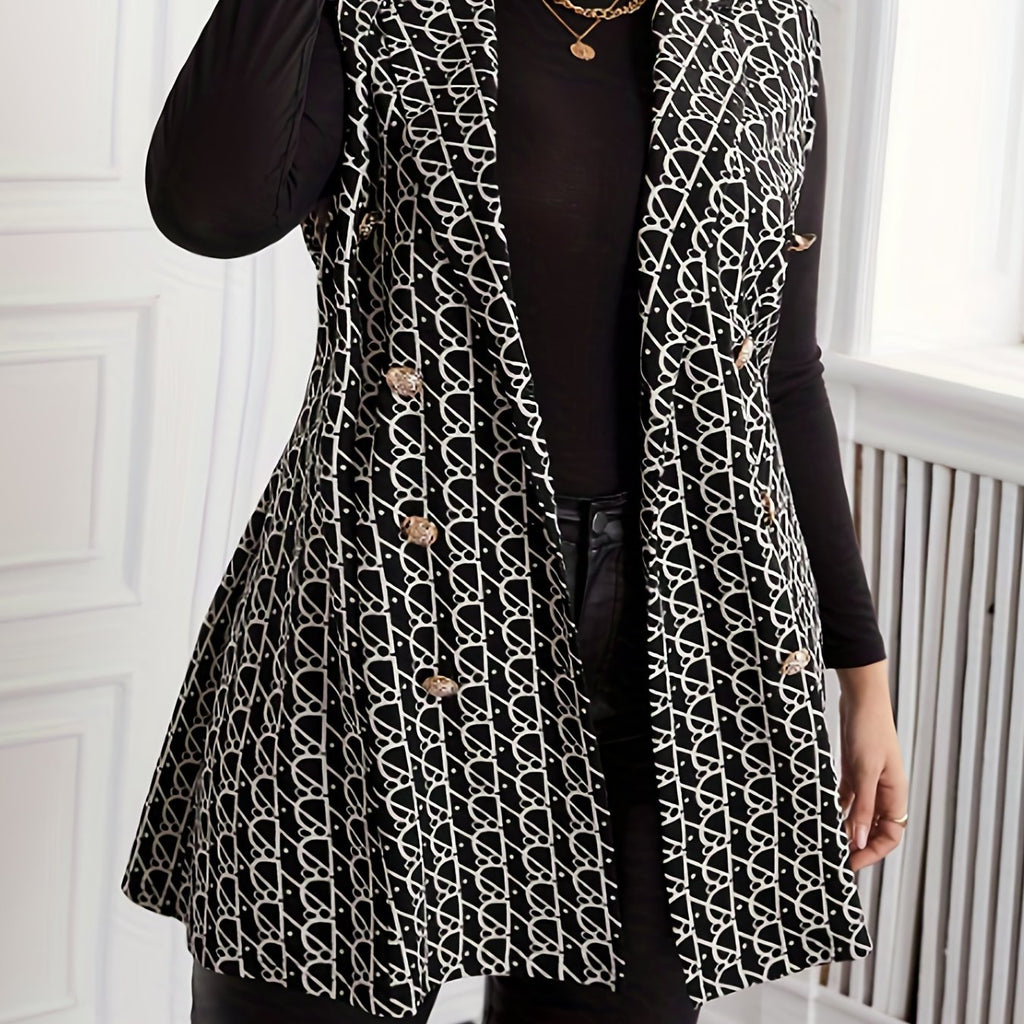 Plus Size Casual Coat, Women's Plus Allover Geometric Print Lapel Collar Medium Stretch Vest