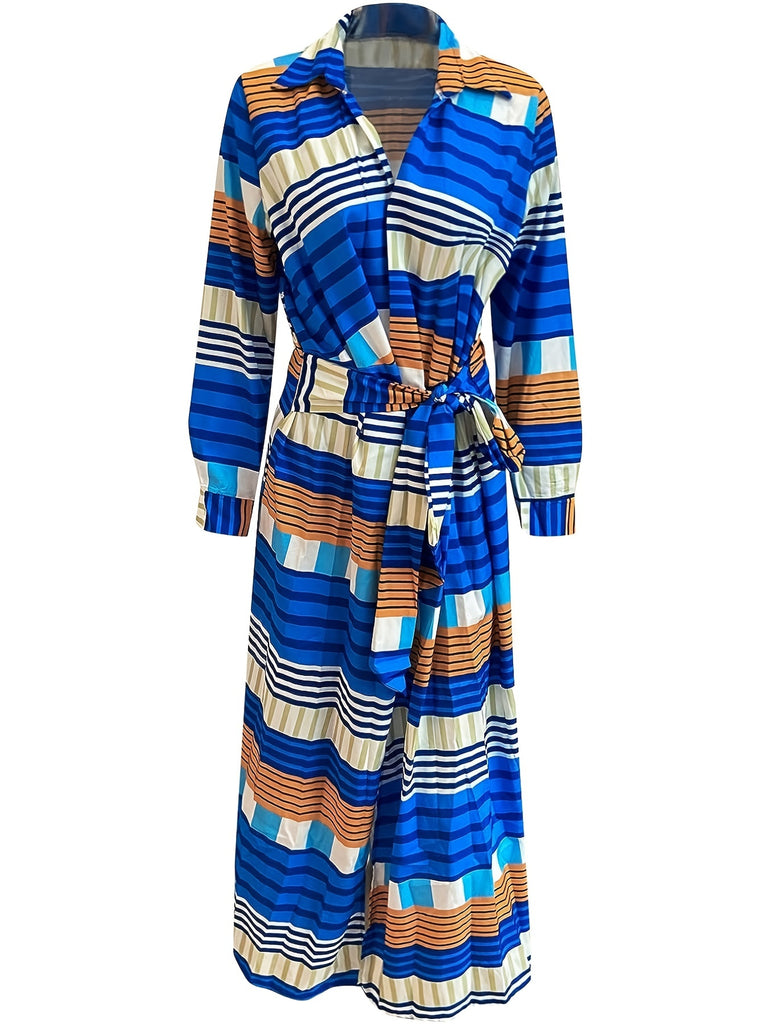 Striped Print Midi Dress, Casual Long Sleeve Bodycon Dress, Women's Clothing
