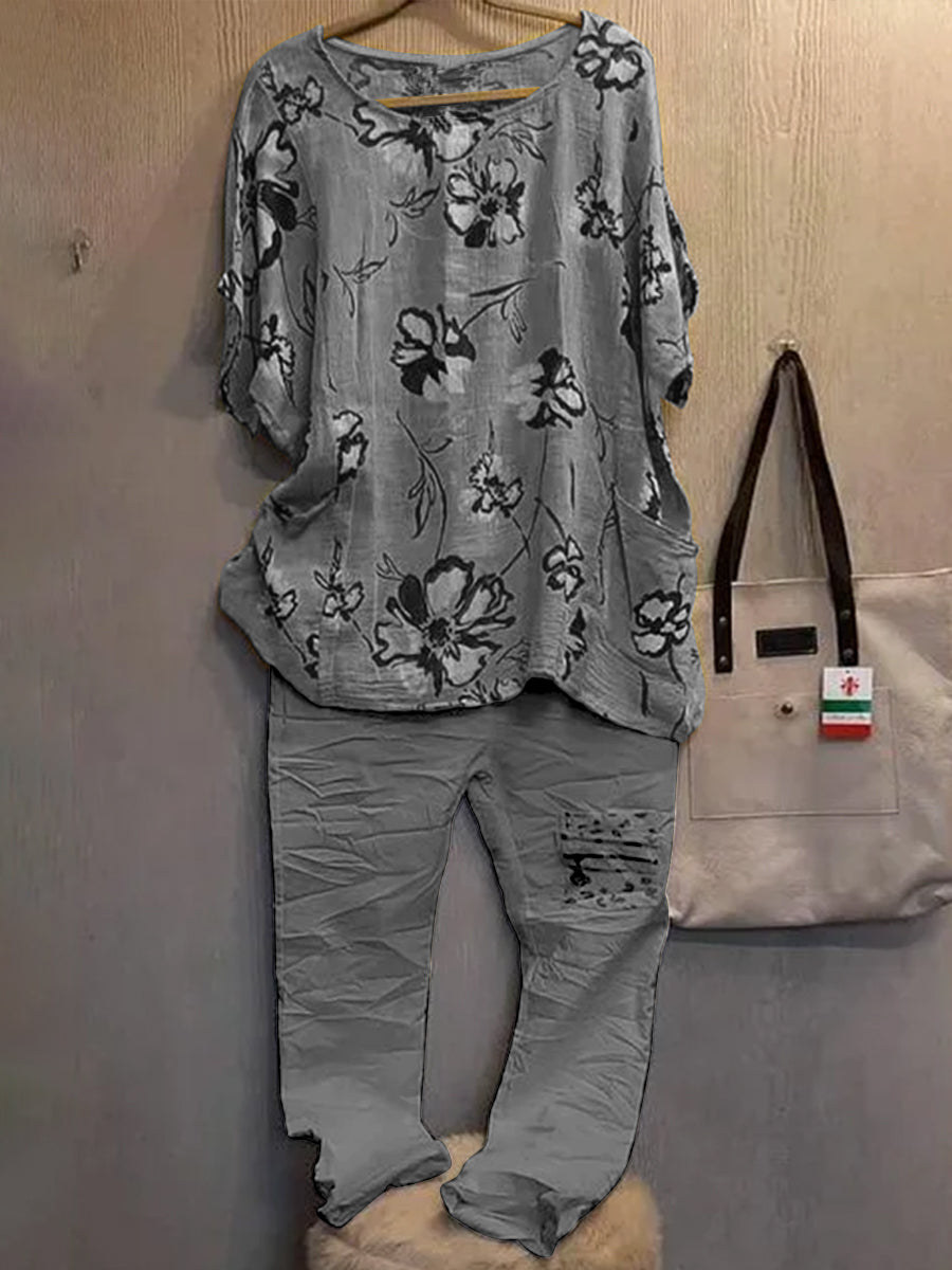 Women Casual Flower Print Two-piece Set