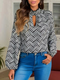 All Over Print Cut Out Blouse, Elegant Long Sleeve Shirred Mock Neck Blouse, Women's Clothing