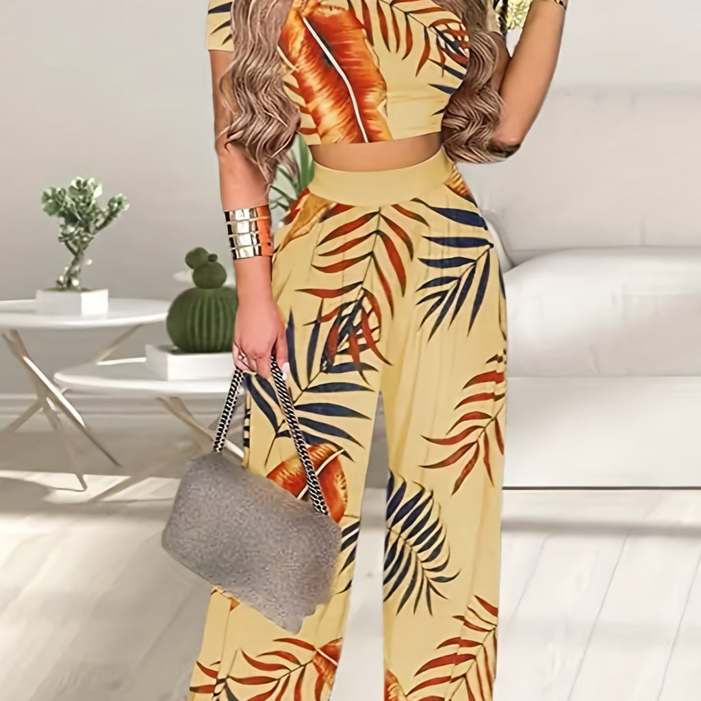 elveswallet  Boho Summer Two Pieces Set, Cropped Solid Short Sleeve T-shirt & High Waist Floral Print Wide Leg Pants Outfits, Women's Clothing