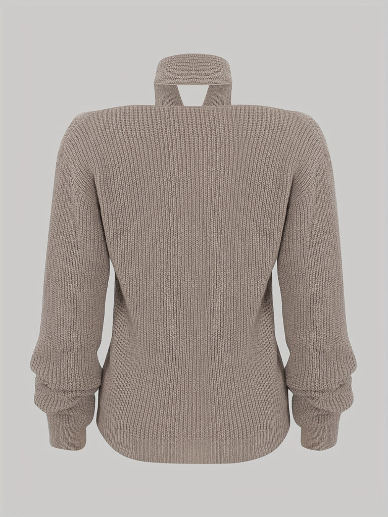 Twist Pattern Halter Knit Sweater, Casual Solid Long Sleeve Slim Sweater, Women's Clothing