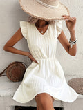 elveswallet  Striped Solid Dress, Elegant Ruffle Trim V Neck Cinched Waist Dress, Women's Clothing