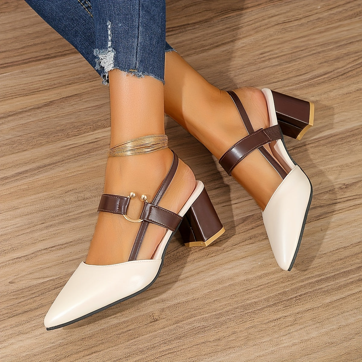 elveswallet Pointed Toe Block Slingback Versatile Mid Heels Sandals