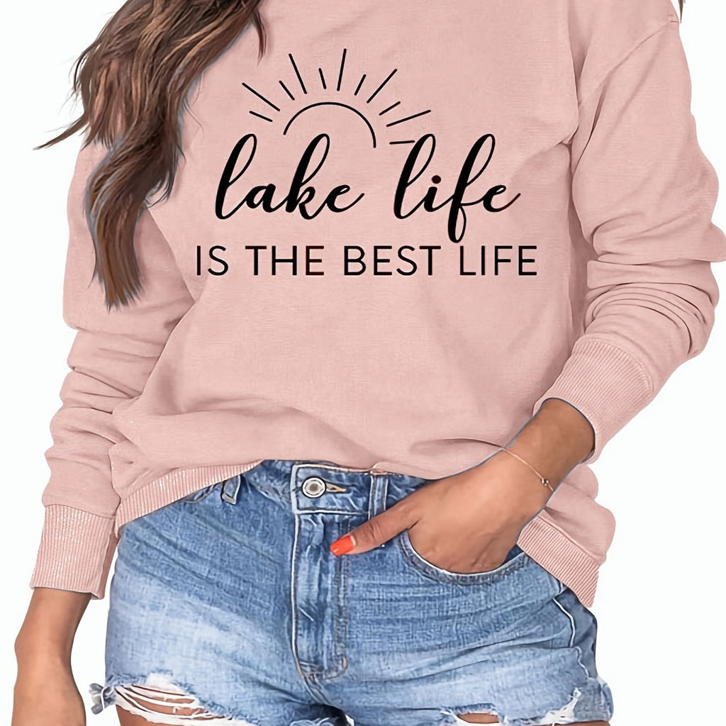 elveswallet  Lake Life Print Sweatshirt, Casual Long Sleeve Crew Neck Sweatshirt For Fall & Winter, Women's Clothing