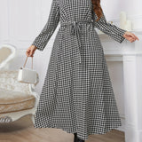 elveswallet  Plus Size Elegant Dress, Women's Plus Houndstooth Print Long Sleeve Notched Neck Maxi Dress With Belt
