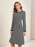 Houndstooth Print Midi Dress, Elegant Crew Neck Long Sleeve Dress, Women's Clothing