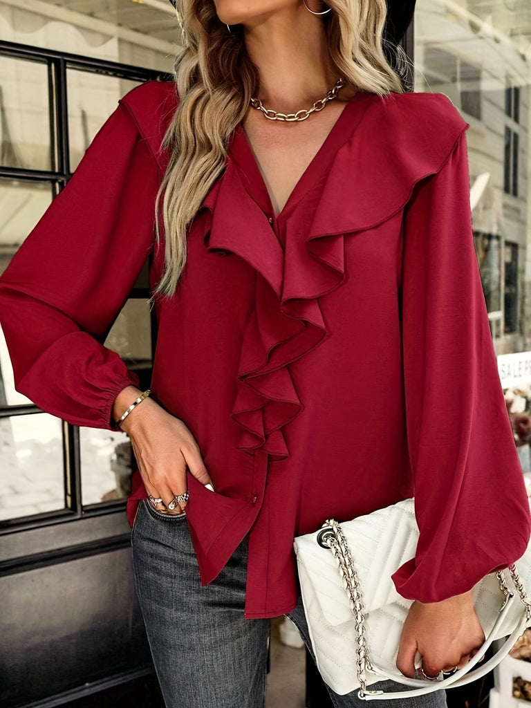 Ruffle Trim Solid Blouse, Elegant V Neck Lantern Sleeve Blouse, Women's Clothing