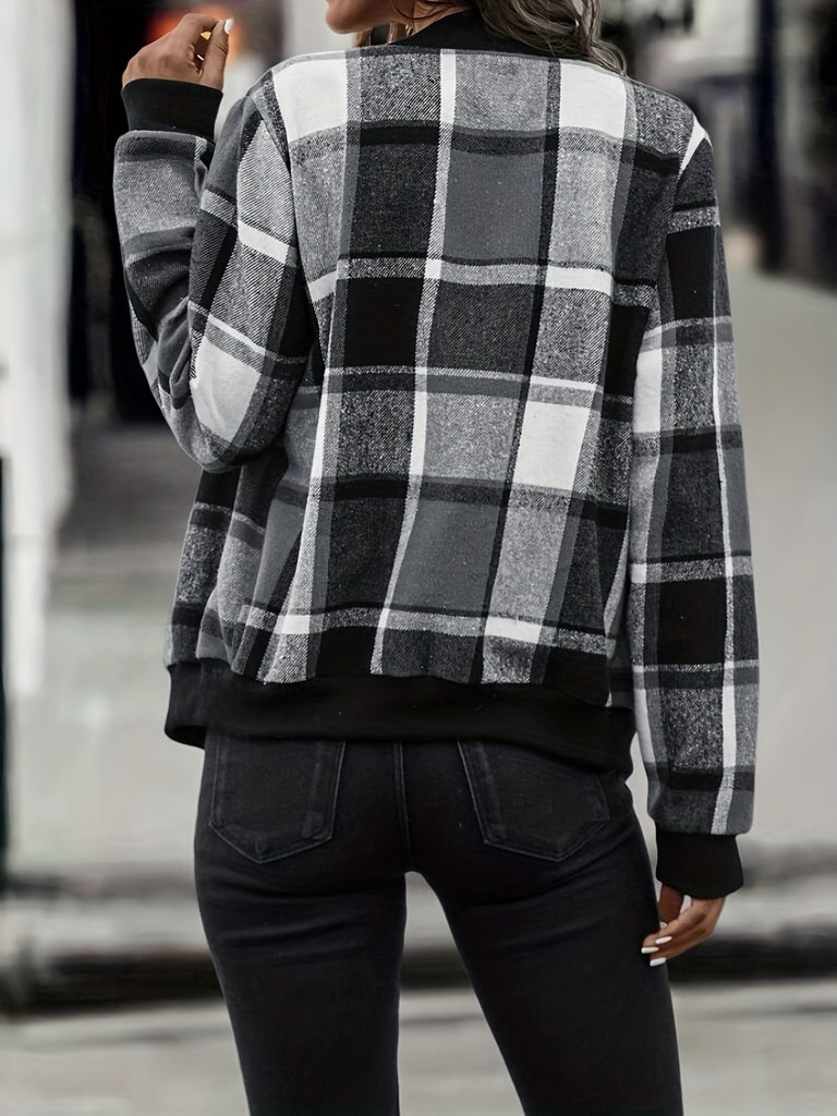 Plaid Print Bomber Jacket, Casual Zip Up Long Sleeve Outerwear, Women's Clothing