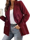Plus Size Casual Jacket, Women's Plus Solid Corduroy Double Breast Button Long Sleeve Lapel Collar Jacket
