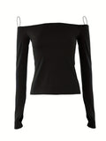 elveswallet  Off Shoulder Solid T-Shirt, Casual Long Sleeve Top For Spring & Fall, Women's Clothing
