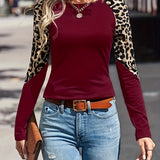 Leopard Print Color Block T-Shirt, Casual Raglan Sleeve T-Shirt For Spring & Fall, Women's Clothing