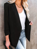 elveswallet  Solid Ruched Blazer, Casual Open Front Long Sleeve Work Outerwear, Women's Clothing