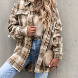 elveswallet  Preppy Button Plaid Drop Shoulder Jacket, Casual Long Sleeve Jacket For Fall & Winter, Women's Clothing