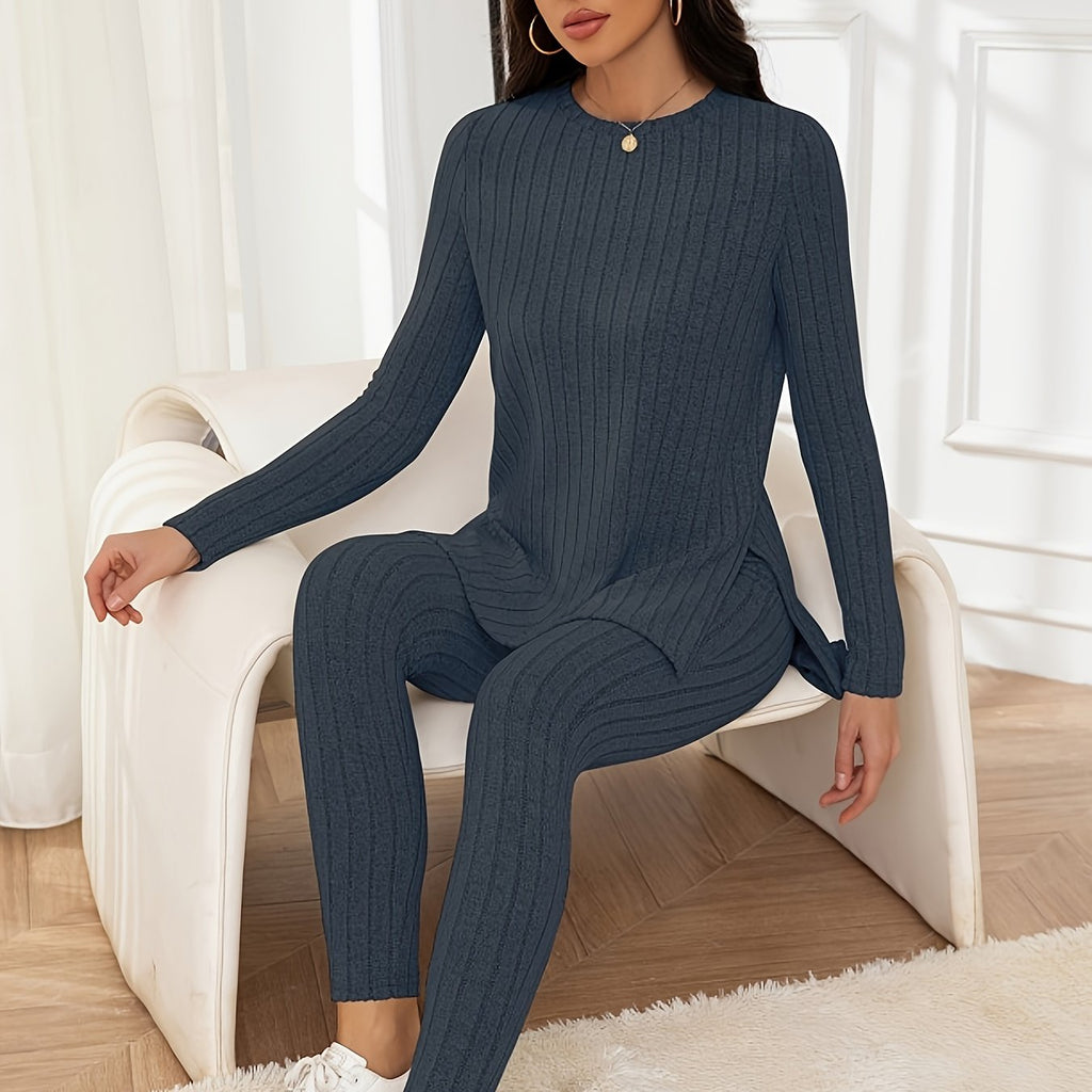 elveswallet  Casual Ribbed Knit Two-piece Set, Split Hem Long Sleeve Top & Slim Pants Outfits, Women's Clothing