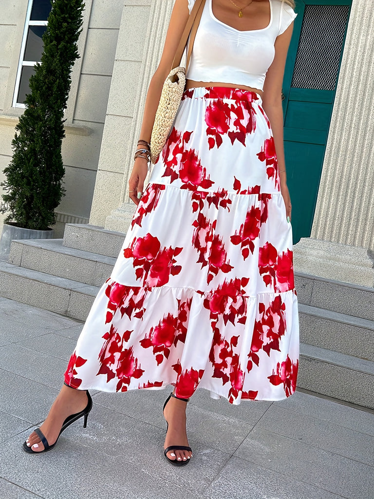 elveswallet  Floral Print Elastic Waist Skirt Long Skirt, Casual Skirt For Spring & Summer, Women's Clothing