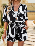 Abstract Print Two-piece Set, Casual Short Sleeve Blouse & Drawstring Pants Outfits, Women's Clothing