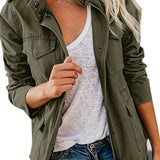 elveswallet  Solid Stand Collar Long Sleeve Pockets Jacket, Winter Warm Zipper Button Casual Outerwear, Women's Clothing