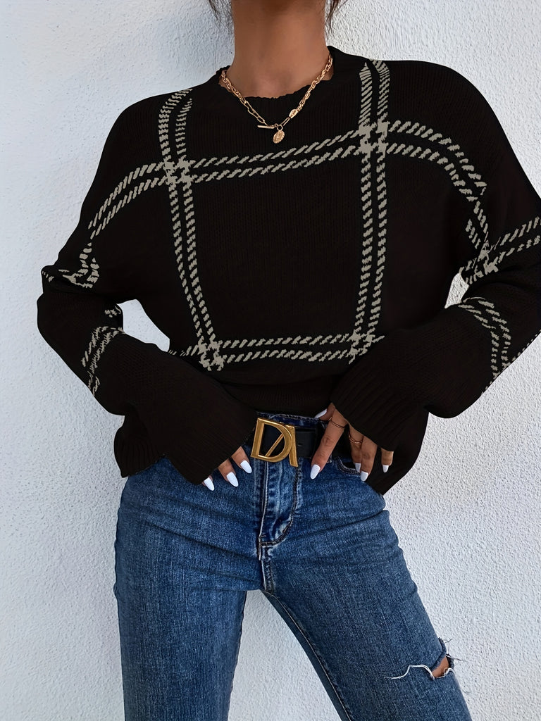 Plaid Pattern Crew Neck Pullover Sweater, Casual Long Sleeve Sweater For Fall & Winter, Women's Clothing