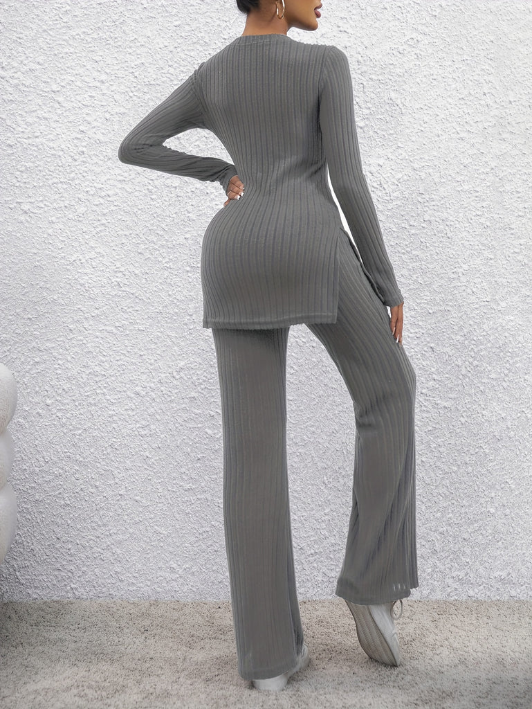 Solid Casual Two-piece Set, Mock Neck Long Sleeve Tops & Flared Leg Pants Outfits, Women's Clothing