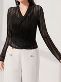 Semi-sheer Surplice Neck Top, Casual Long Sleeve Top For Spring & Fall, Women's Clothing
