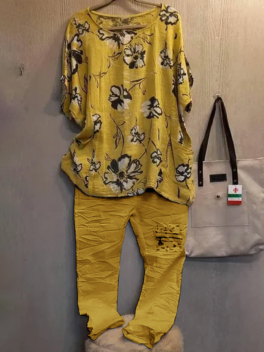 Women Casual Flower Print Two-piece Set