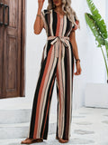 elveswallet  Striped Print Belted Straight Leg Jumpsuit, Elegant Cap Sleeve Jumpsuit For Spring & Summer, Women's Clothing