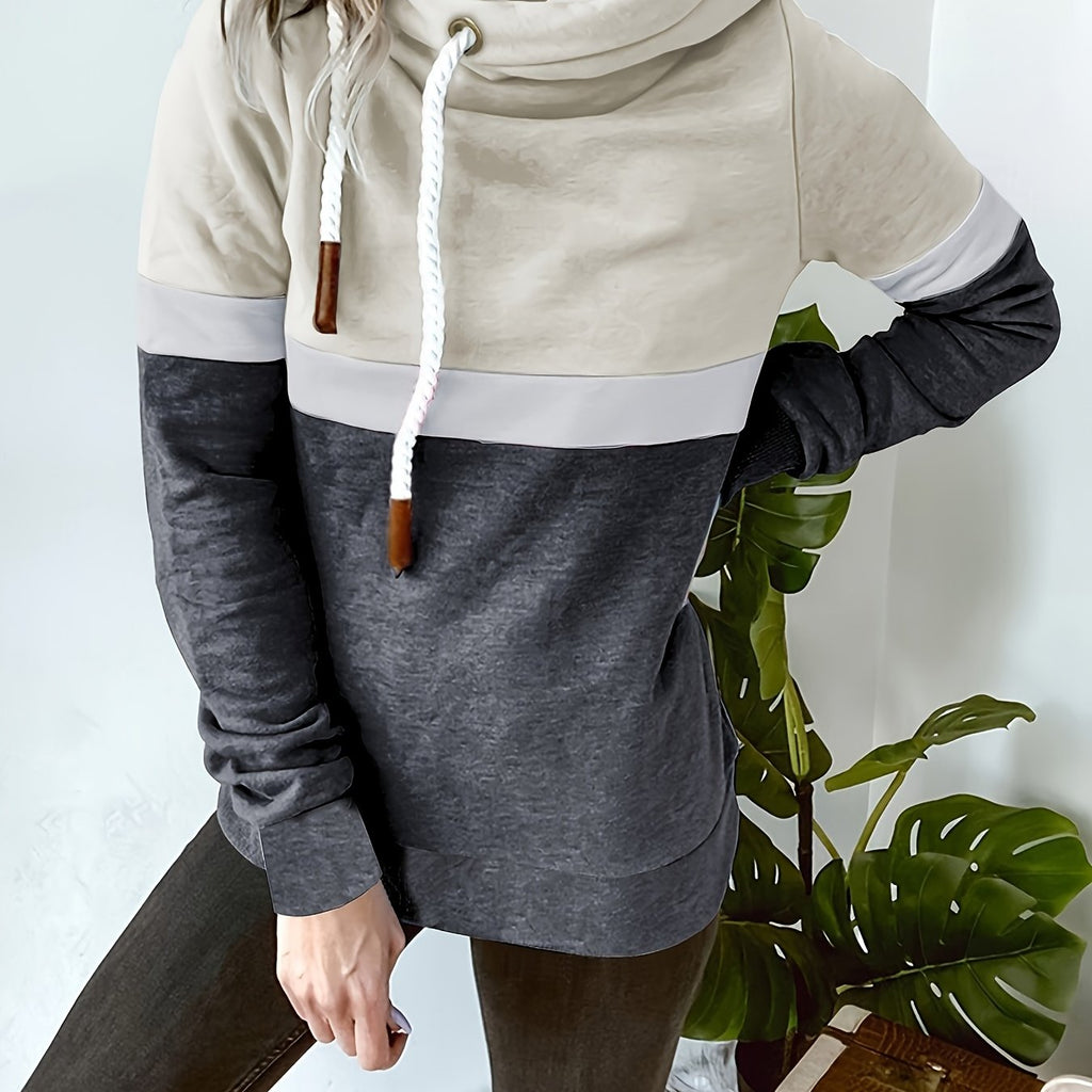 Color Block Turtle Neck Hoodie, Casual Long Sleeve Drawstring Hoodies Sweatshirt, Women's Clothing