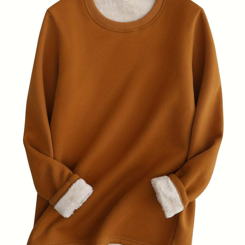 Solid Fleece Sweatshirt, Casual Long Sleeve Crew Neck Sweatshirt For Fall & Winter, Women's Clothing