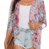 elveswallet  Floral Print Chiffon Blouse, Boho Open Front 3/4 Sleeve Beach Wear Cover Up Blouse, Women's Clothing