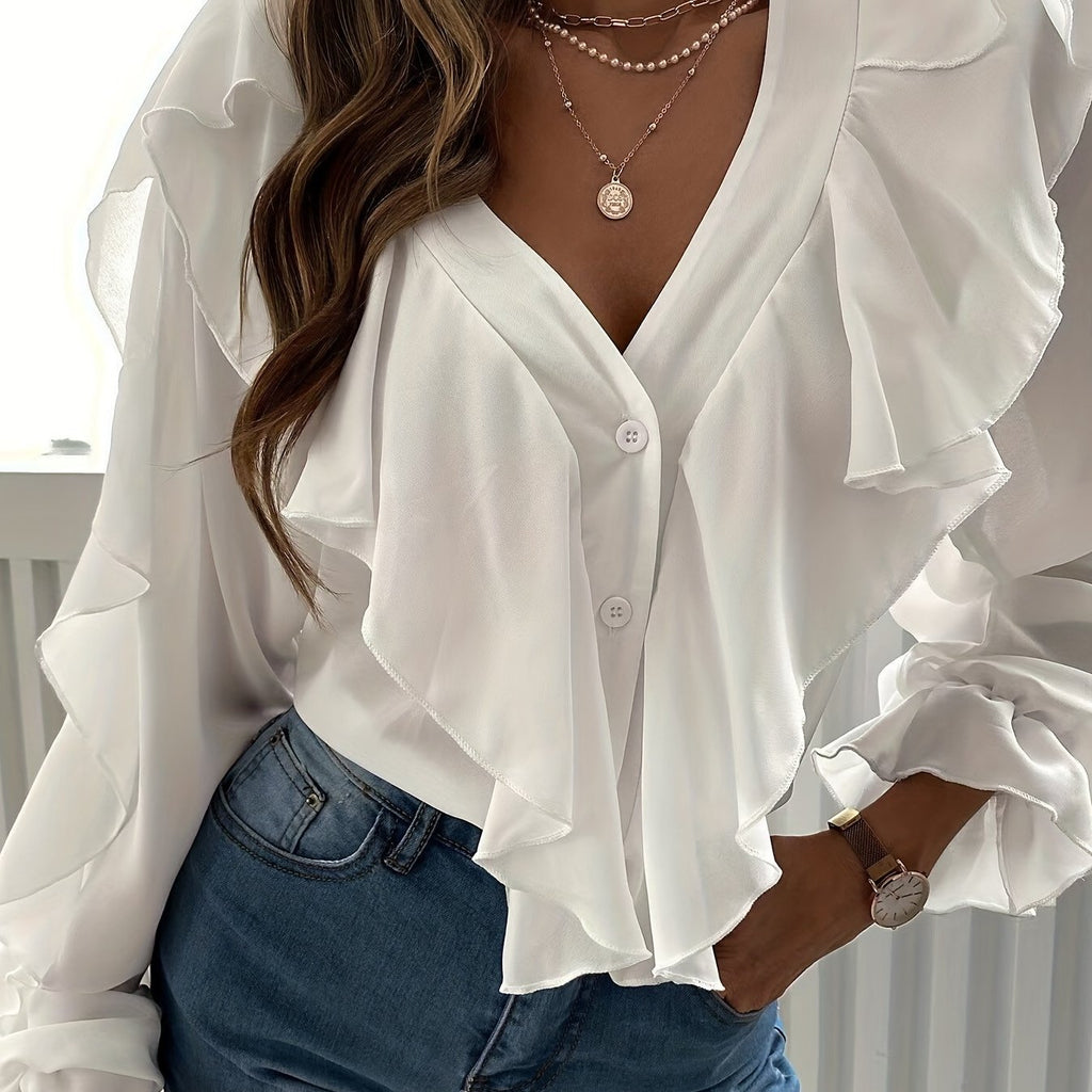 Ruffle Trim Solid Blouse, Sexy V Neck Button Front Long Sleeve Blouse, Women's Clothing