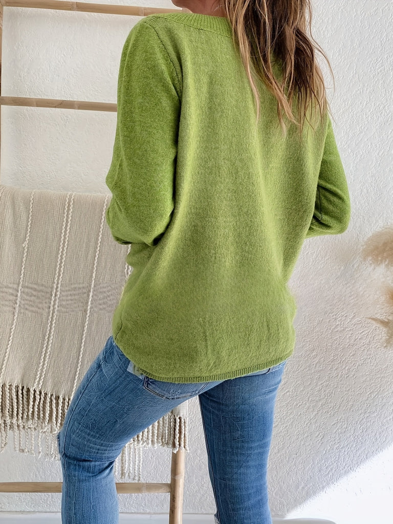 elveswallet  Solid Versatile Knit Sweater, Casual V Neck Long Sleeve Sweater With Buttons, Women's Clothing