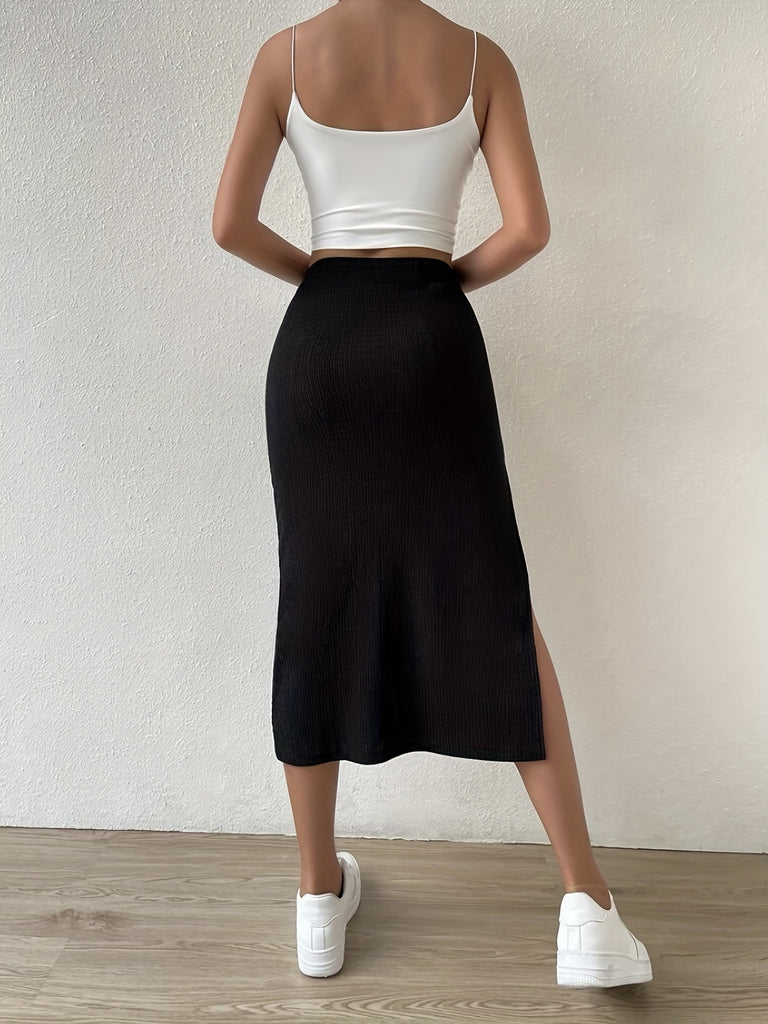 elveswallet  Solid Split Skirts, Casual Versatile High Waist Midi Skirts, Women's Clothing