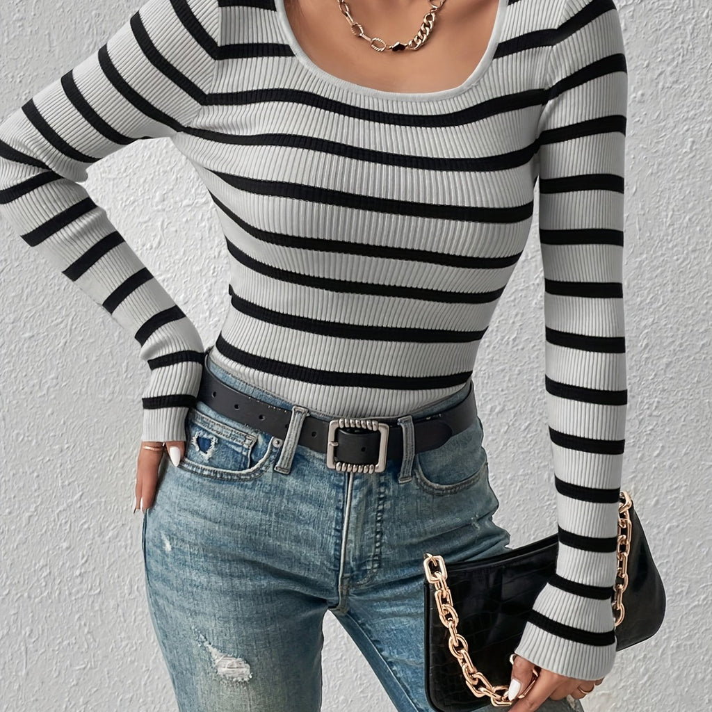 Striped Print Knit Sweater, Sexy Slim Crew Neck Long Sleeve Sweater, Women's Clothing