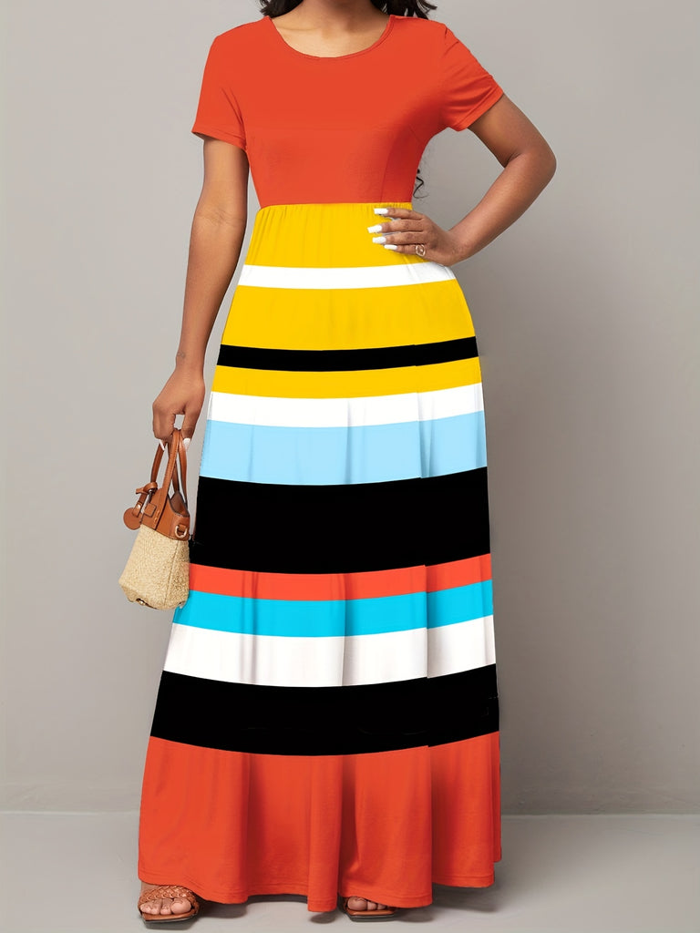 elveswallet  Striped Print Short Sleeve Dress, Casual Crew Neck Dress For Spring & Summer, Women's Clothing