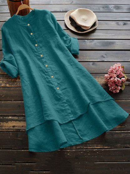 Casual Crew Neck Button-Down Long Type Linen Shirts