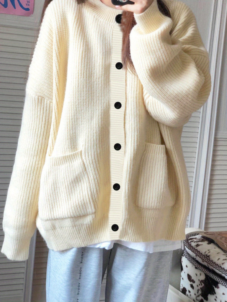 elveswalletSolid Button Up Loose Knit Cardigan, Cute Long Sleeve Sweater With Pocket, Women's Clothing