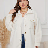 Plus Size Cute Winter Coat, Women's Plus Long Sleeve Button Up Teddy Coat With Flap Pockets