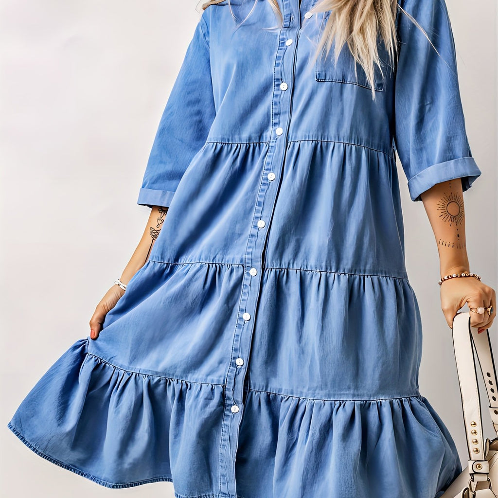 elveswallet  Blue Half Sleeves Denim Dress, Single Breasted Button Ruched Peplum Denim Dress, Women's Denim Clothing