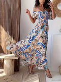 Abstract Print Off Shoulder Dress, Boho Vacation Short Sleeve Summer Maxi Dress, Women's Clothing
