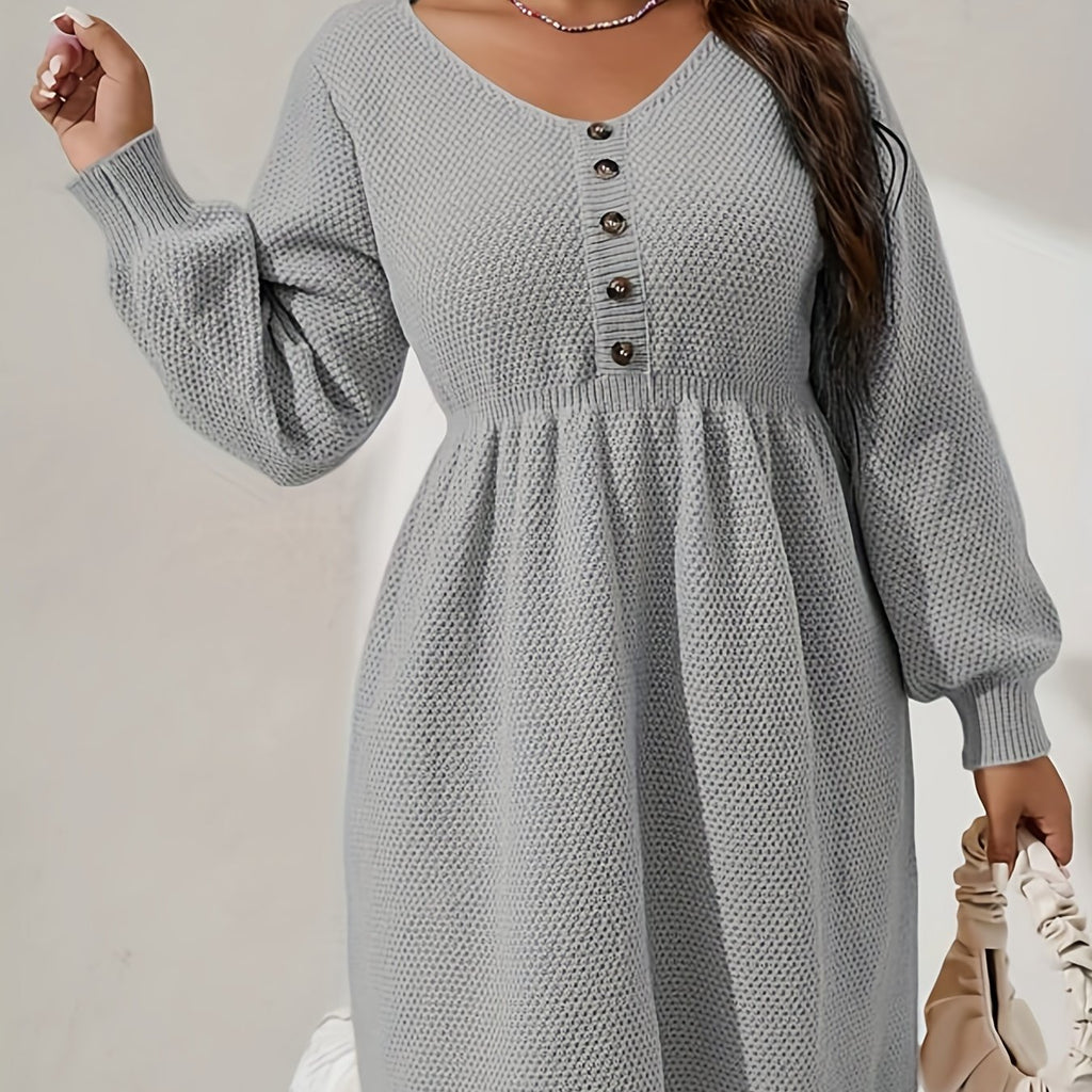 Plus Size Casual Sweater Dress, Women's Plus Solid Lantern Sleeve Nipped Waist Henley Sweater Dress