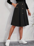 elveswallet  Solid Button Decor Aline Skirt, Elegant High Waist Swing Skirt, Women's Clothing