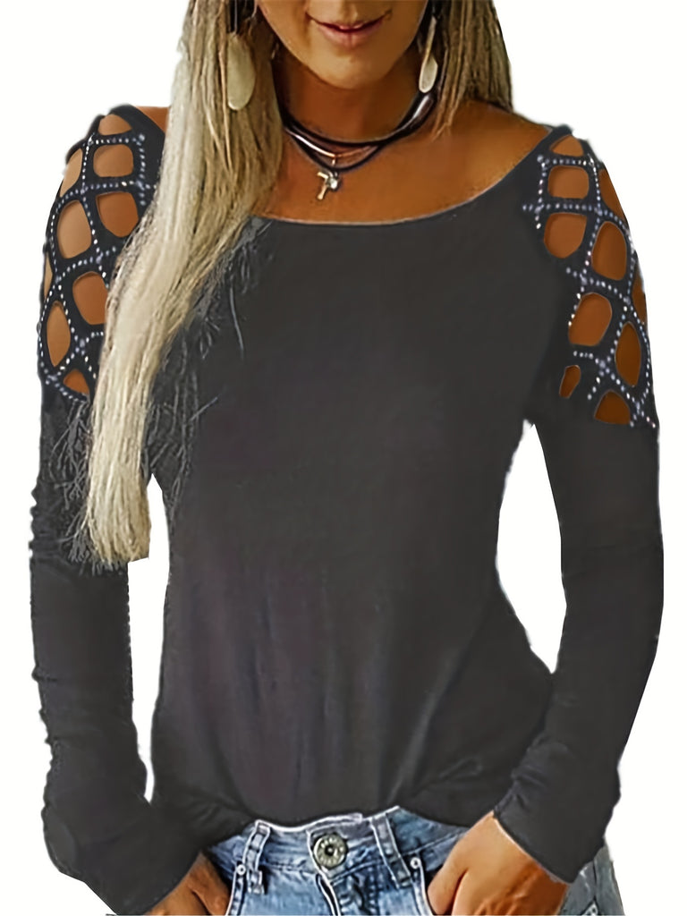 elveswallet  Plus Size Casual T-shirt, Women's Plus Rhinestone Hollow Out Long Sleeve Round Neck Medium Stretch Tee