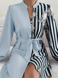 elveswallet  Flower & Stripe Print Contrast Dress, Elegant Button Front Long Sleeve Shirt Dress, Women's Clothing