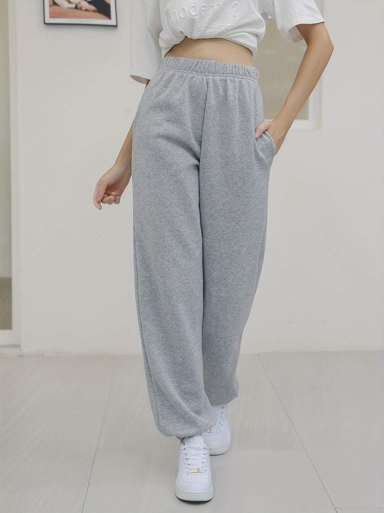 elveswallet  Slant Pockets Elastic Waist Sweatpants, Casual Elastic Bottom Solid Sweatpants For Fall & Winter, Women's Clothing