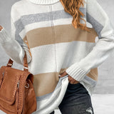 elveswallet  Plus Size Casual Sweater, Women's Plus Colorblock Long Sleeve Turtle Neck Slight Stretch Sweater